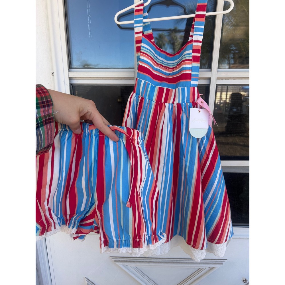 SweetHoney Girls Red Blue Striped Pinafore Dress Bloomers Set Lace Trim 10Y NEW
